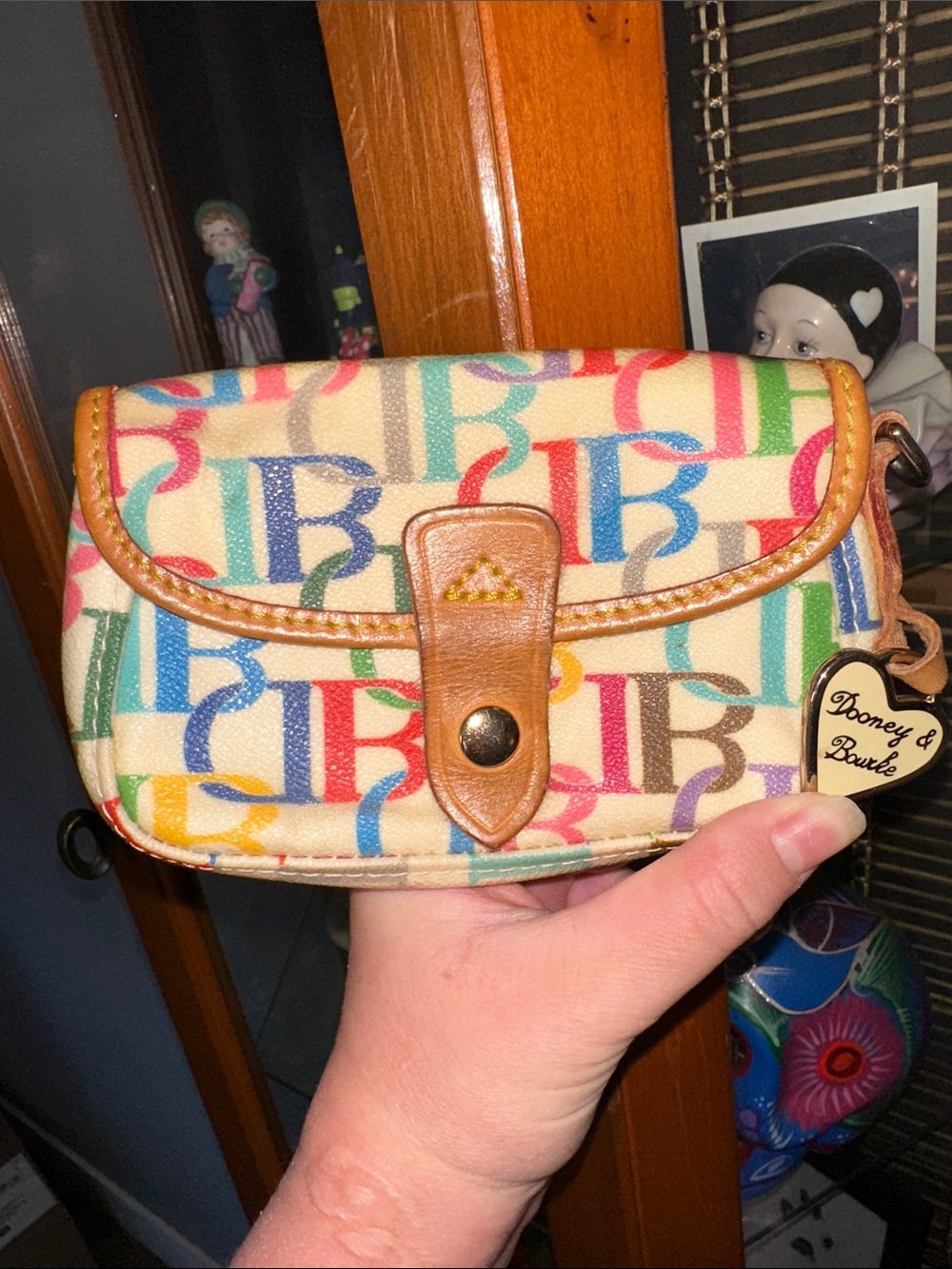 Dooney & Bourke Multicolor Signature Canvas Coin Purse with Tan Trim